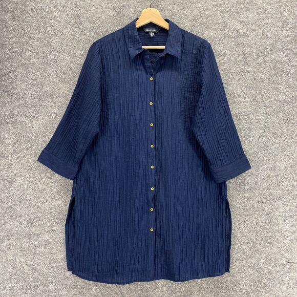 Ellen Tracy Top Women L Large Blue Tunic Button Up 3/4 Sleeve - Picture 1 of 9